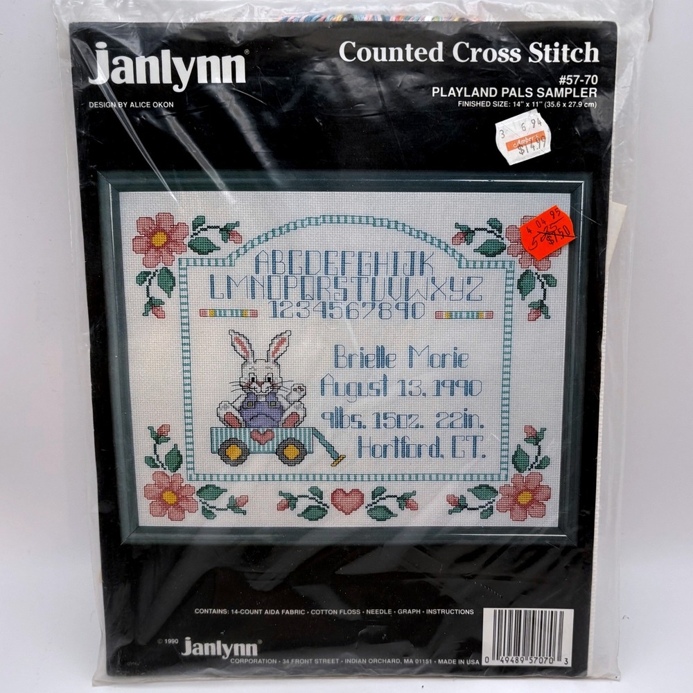 Janlynn Counted Cross Stitch Kit Playland Pals Sampler Birth Record NOS 11x14
